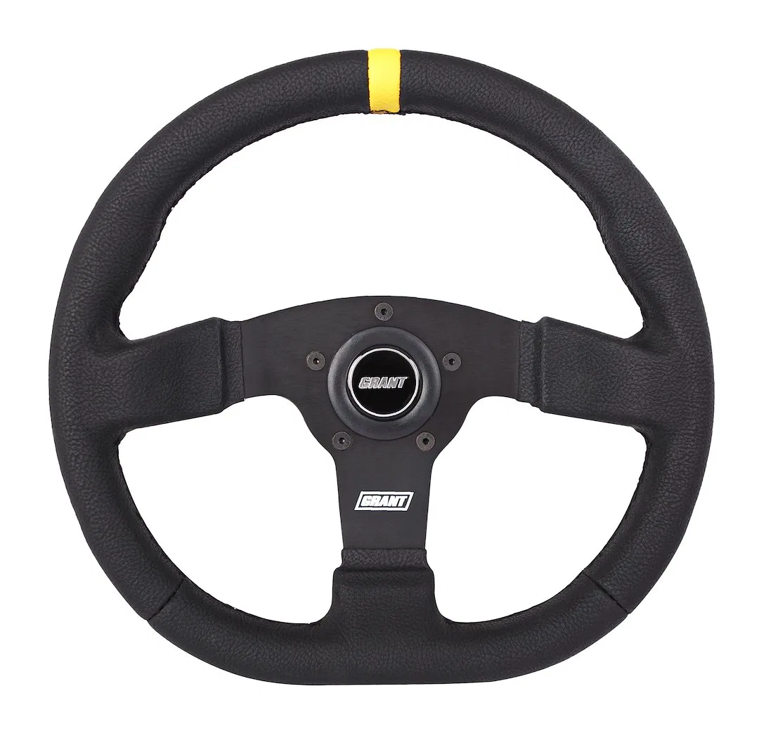 603-S – GRANT Steering Wheel, 12-1/4 Inch X 13 Inch Diameter D Shape Flat Bottom 3 Spoke Suede Grip With Yellow Top M...